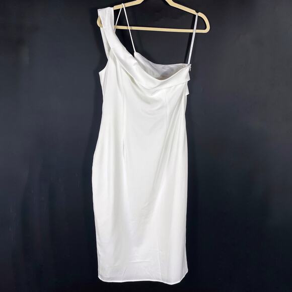 Superdown Jillian Midi Dress Asymmetric White One Shoulder Front Slit Sz L - Picture 12 of 15